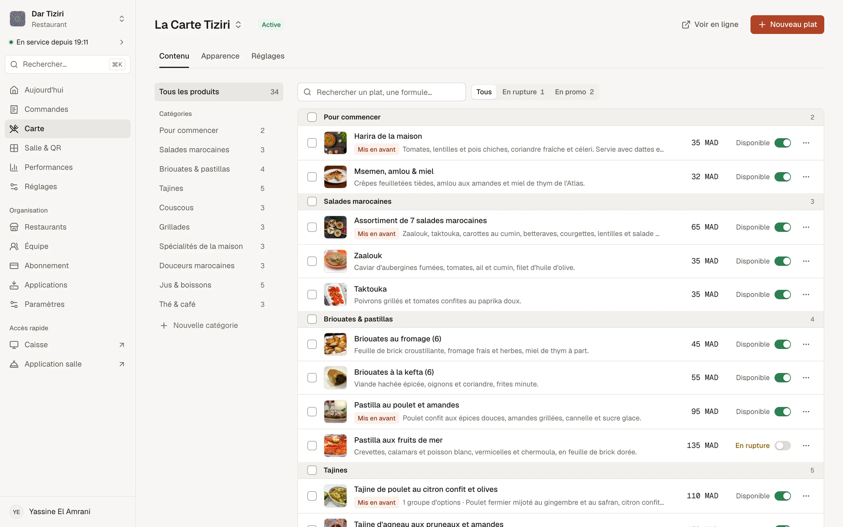 L'éditeur de carte Menly : catégories, plats avec photos, prix et disponibilités d'un restaurant de démonstration.