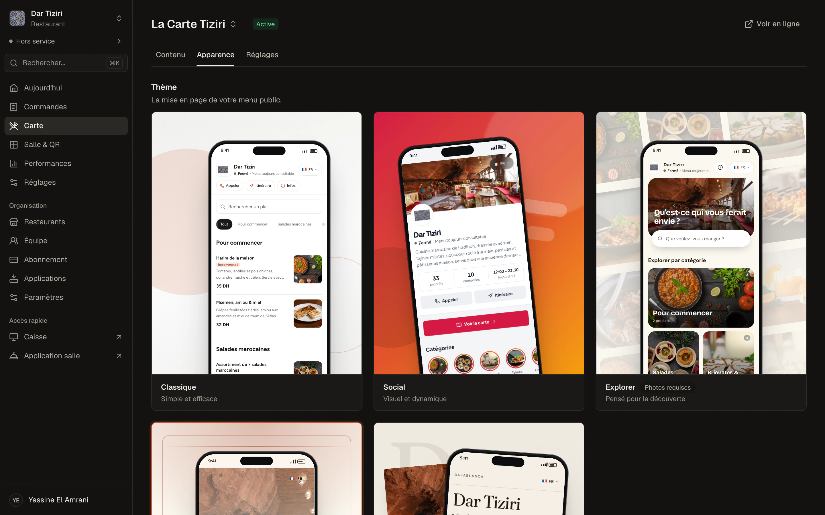 A menu's Appearance page: choice of theme, colors and navigation, with a preview of the customer menu.