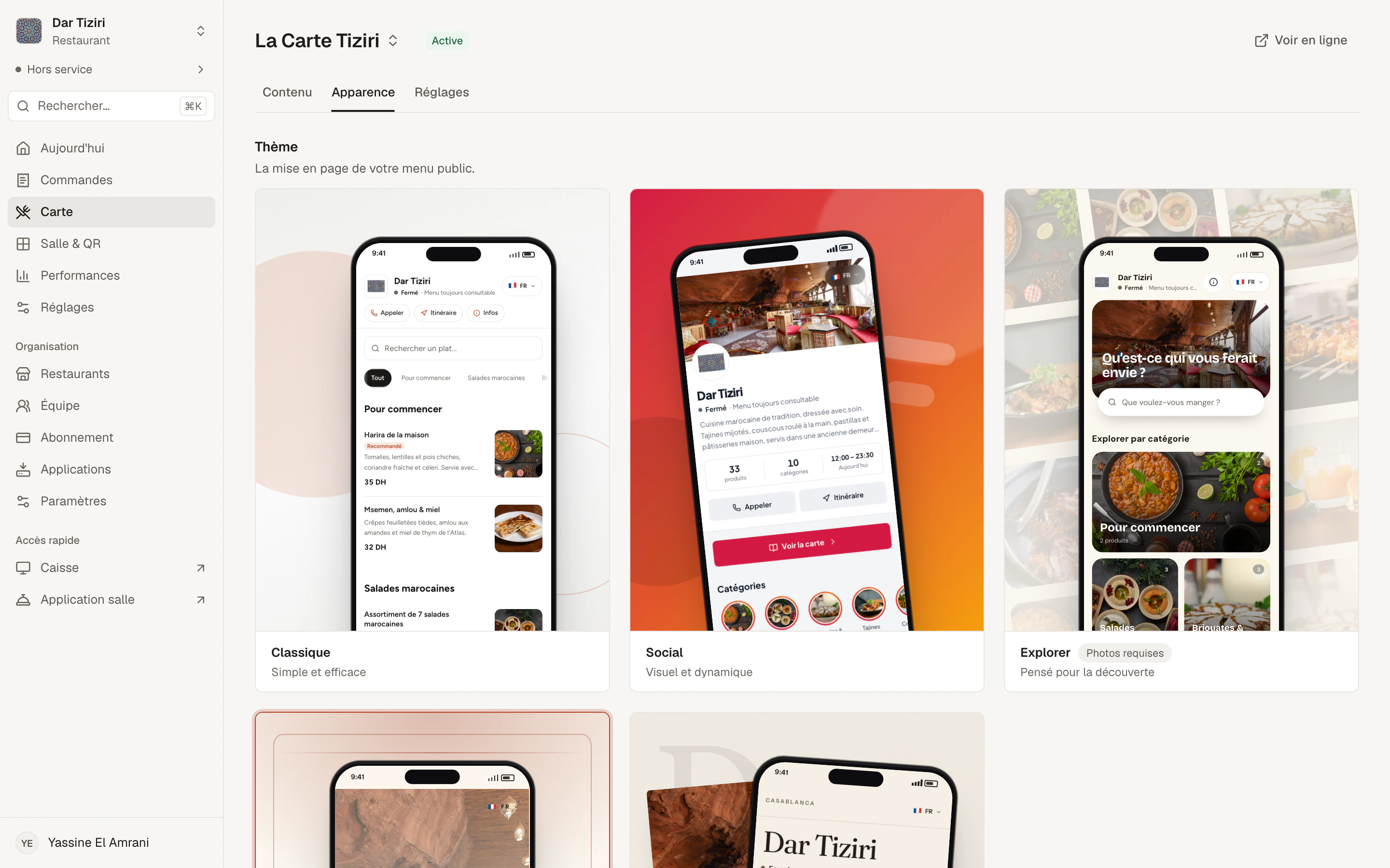 La page Apparence d'un menu : choix du thème, des couleurs et de la navigation, avec l'aperçu du menu client.