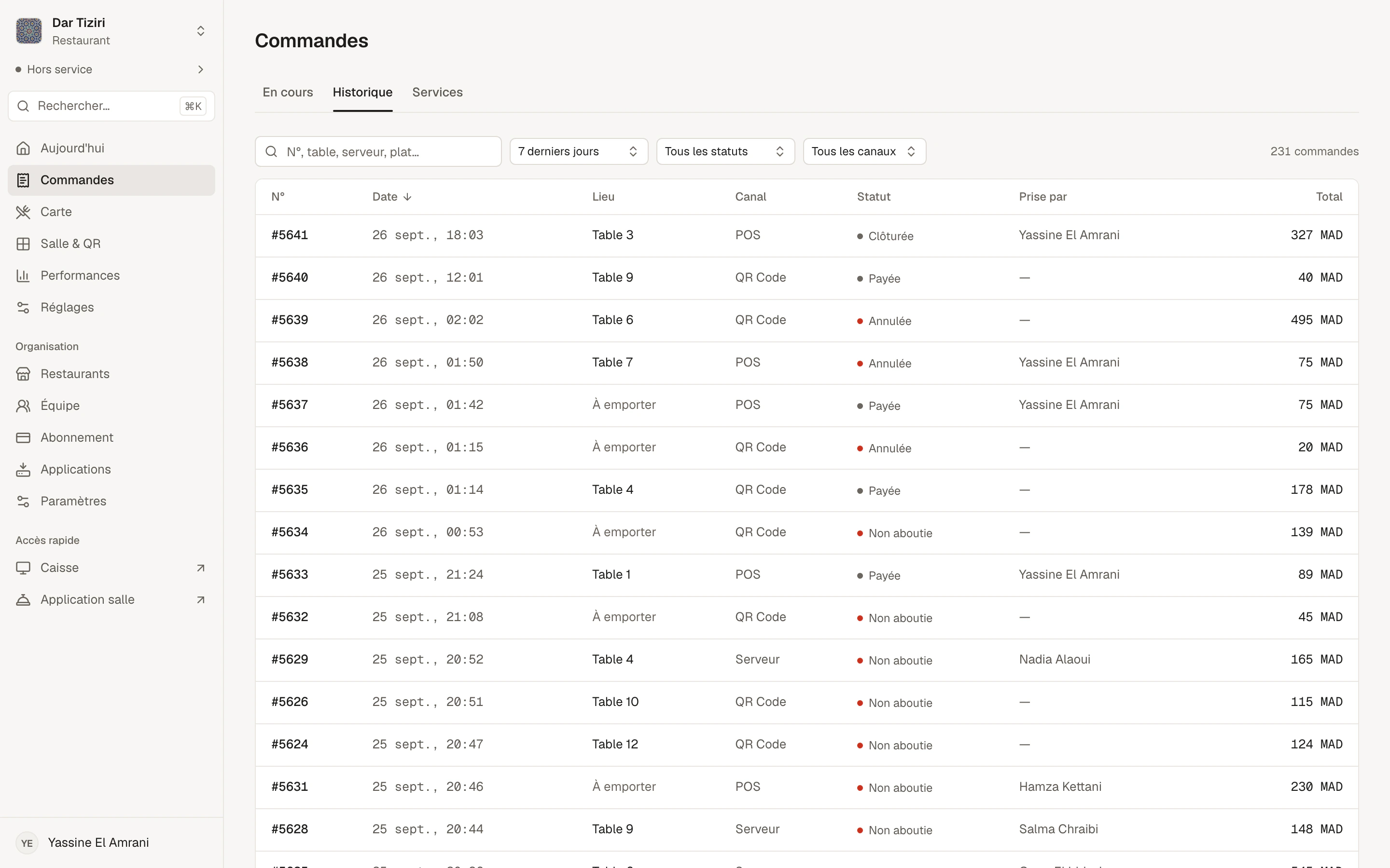 L'historique des commandes : numéro, date, table ou emporter, canal, statut, serveur et montant, avec recherche et filtres.
