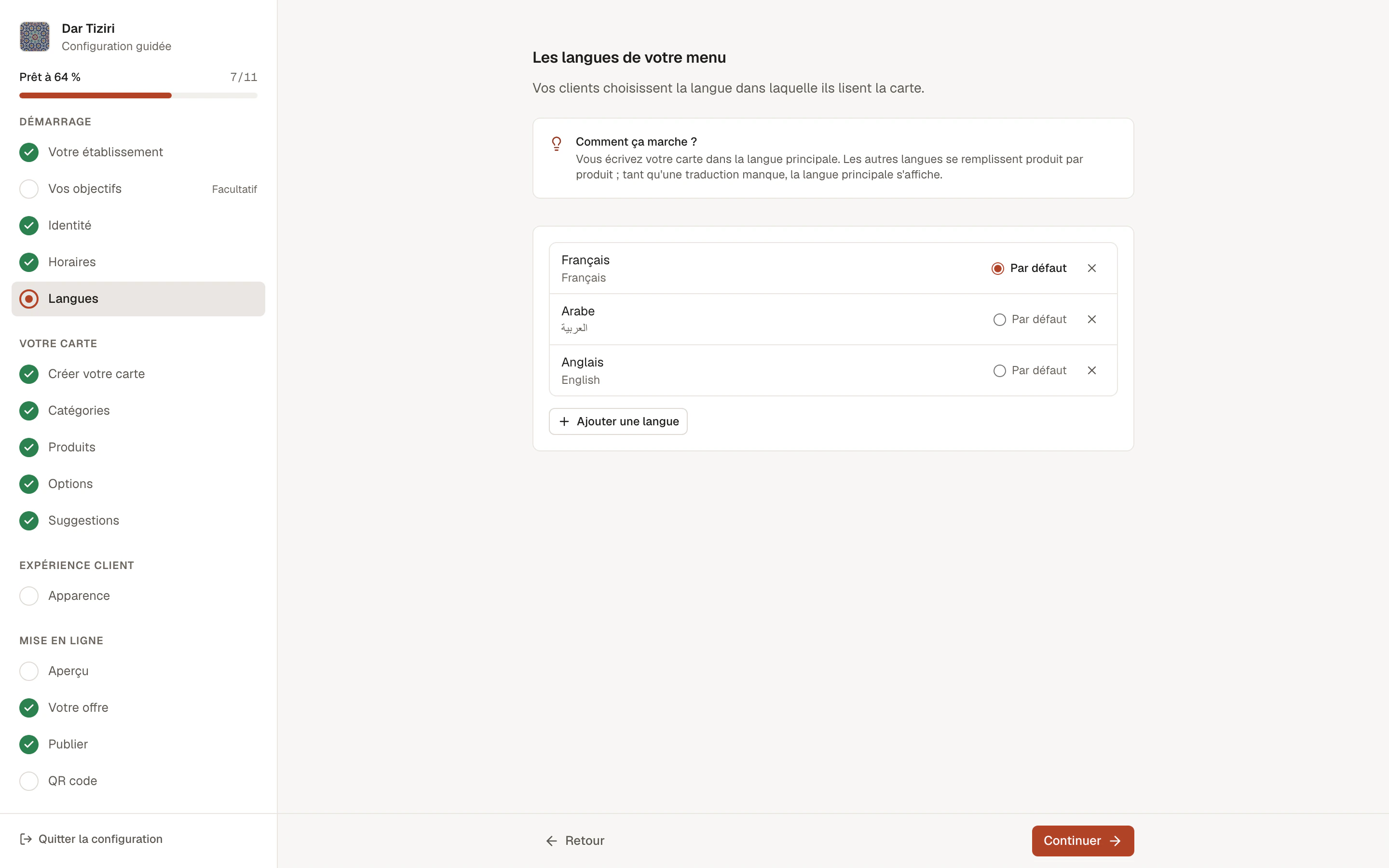La configuration guidée d'un restaurant, étape par étape, avec sa progression.