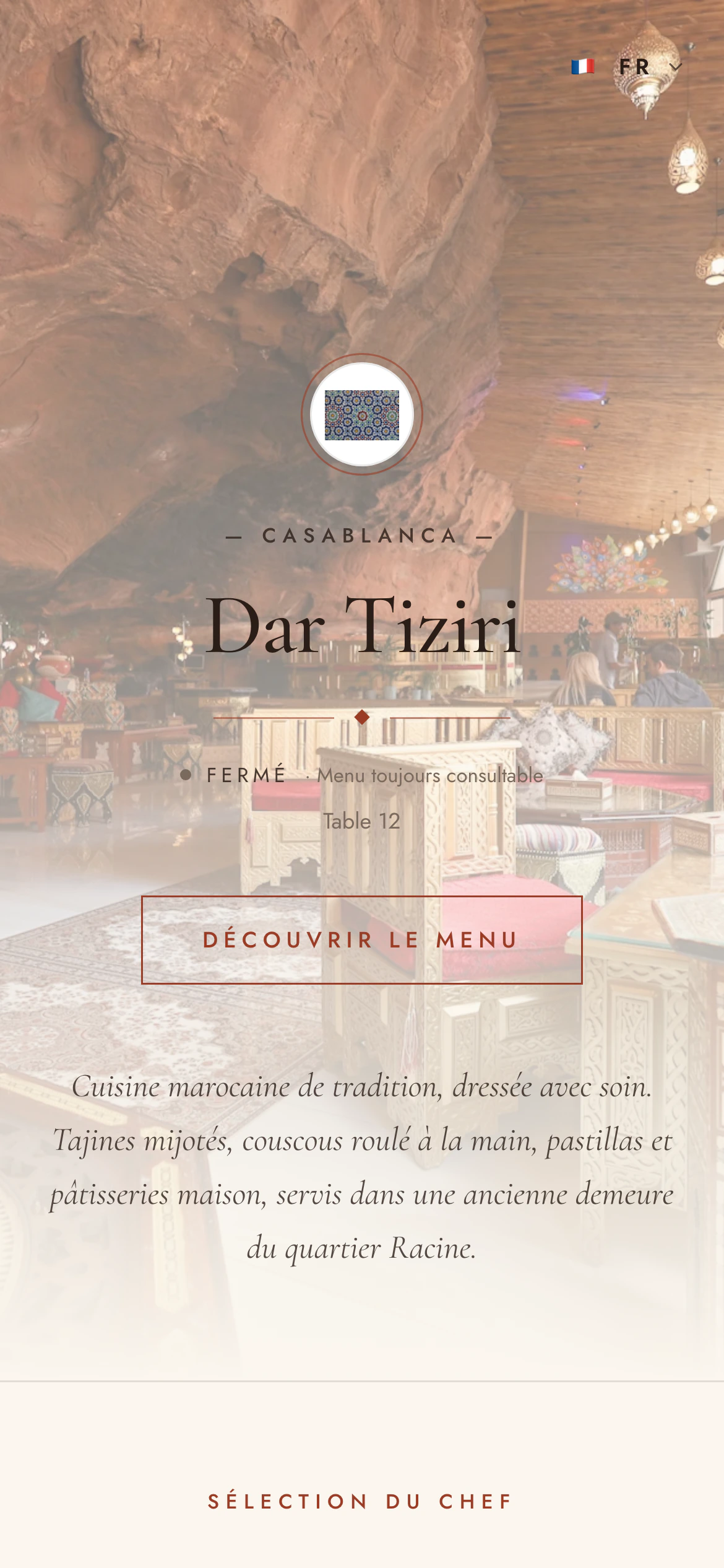 Le menu ouvert depuis le QR code d'une table : le client commande pour sa table.